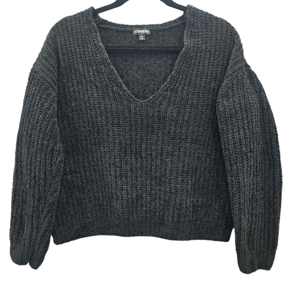 Express Black‎ Boxy Cozy Chunky Grunge Goth Punk Knit Skater Pullover Sweater XS